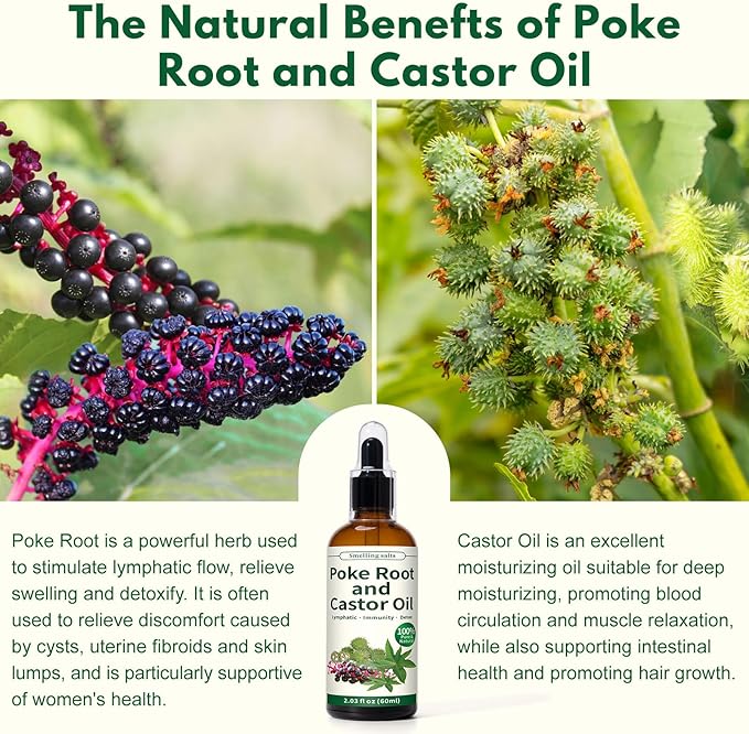 Poke Root and Castor Oil - 2 x 2 fl oz Poke Root Oil Organic with Vitamin E - Supports Swollen Lymph Nodes, Fibroids, Cysts, Boils, Breast and Joint Health