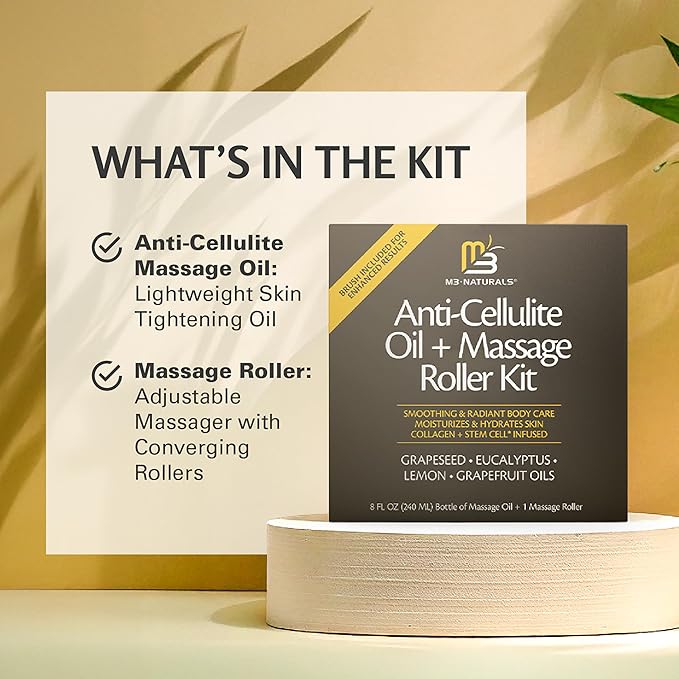 Anti Cellulite Oil and Lymphatic Drainage Massager Kit | Fascia Blaster for Contoured & Smoother Skin | Muscle Roller for Sore Arms, Legs, and Stomach, 8 fl oz by M3 Naturals