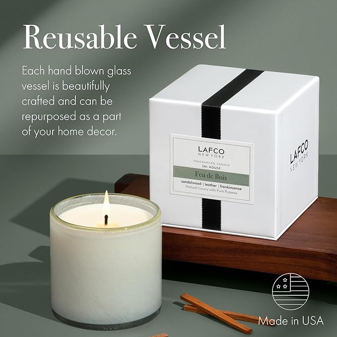 LAFCO New York Signature Candle, Feu de Bois - 15.5 oz - 90-Hour Burn Time - Reusable, Hand Blown Glass Vessel - Made in The USA