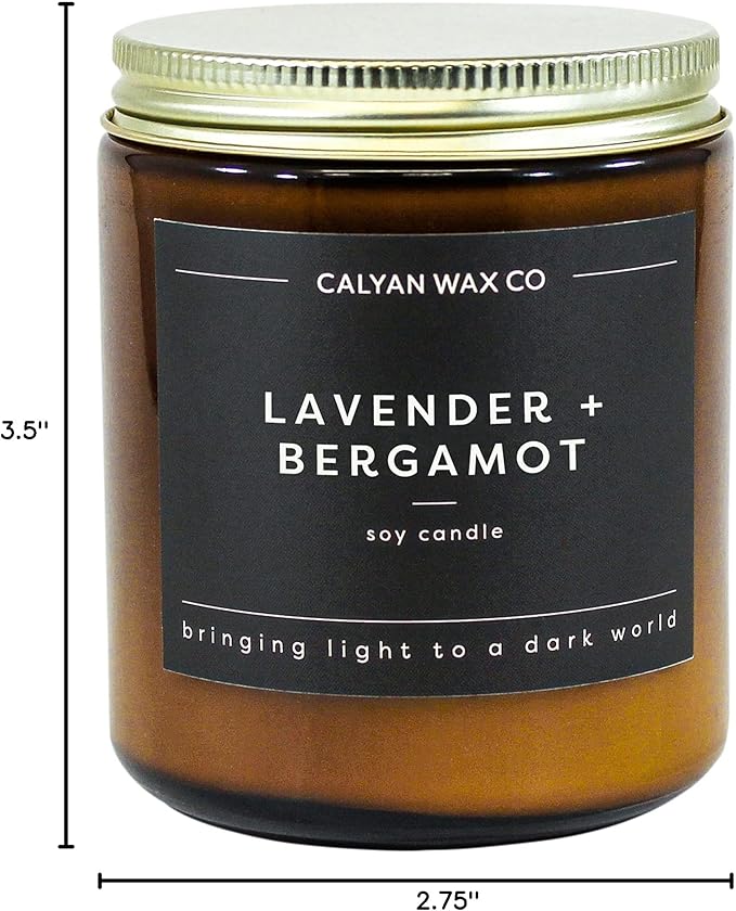 Calyan Wax Co. Lavender & Bergamot Scented Candle - 57 Hour Burn - Luxury Non Toxic Soy Wax Candles - Long Lasting Amber Glass Jar Candle for Home - 7.2oz