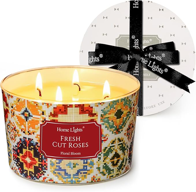 HomeLights 4-Wick Candles for Home Scented - 18oz Soy Wax Blend Candle Long-Lasting Fragrance, Bohemian Natural Textures Home Decor and Housewarming Gifts, Fresh Cut Roses