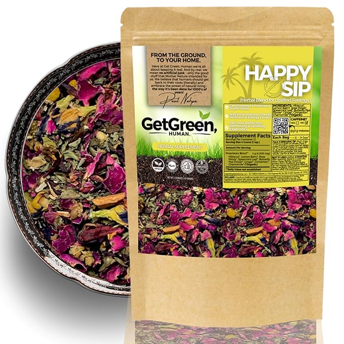 Summer Brew, Natural Energy Boost Loose Leaf Tea w/ Hibiscus, Lemon Balm, Rose Petals | Organic Herbal Tea | 2 oz (57 gram) | Decaf, Vegan, Healthy, ZERO Caffeine, Organic, Herbs, Resealable | Happy Sip by Get Green, Human