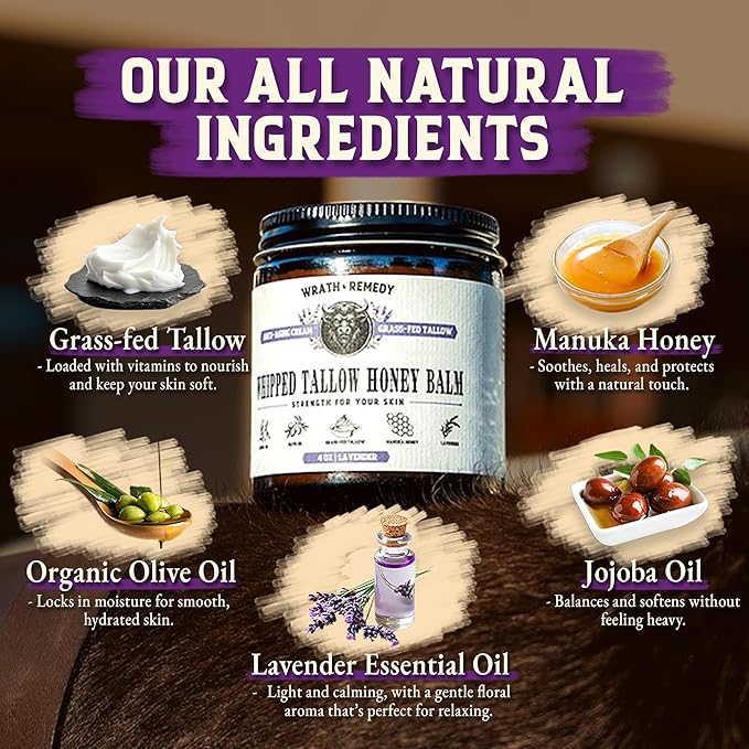 Organic Beef Tallow for Skin - 4 OZ (Lavender) — Grass Fed Beef Tallow for face + Body — US-Made Whipped Tallow and Honey Balm Moisturizer for Dry and Sensitive Skin, Eczema, Rosacea (No Additives)