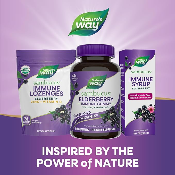 Nature’s Way Sambucus Elderberry Immune Support Gummies for Kids & Adults* with Black Elderberry Extract, Vitamin C, Vitamin D3, and Zinc, 60 Gummies (Packaging May Vary)