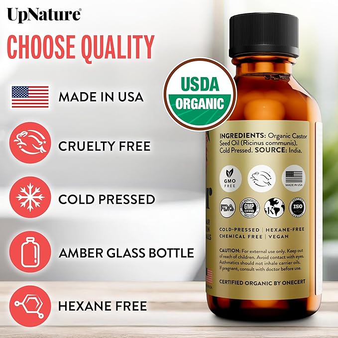 UpNature Organic Castor Oil Lash Serum for Eyelashes and Eyebrows Growth - 100% Pure Cold Pressed Hexane-Free (2oz Glass Bottle)