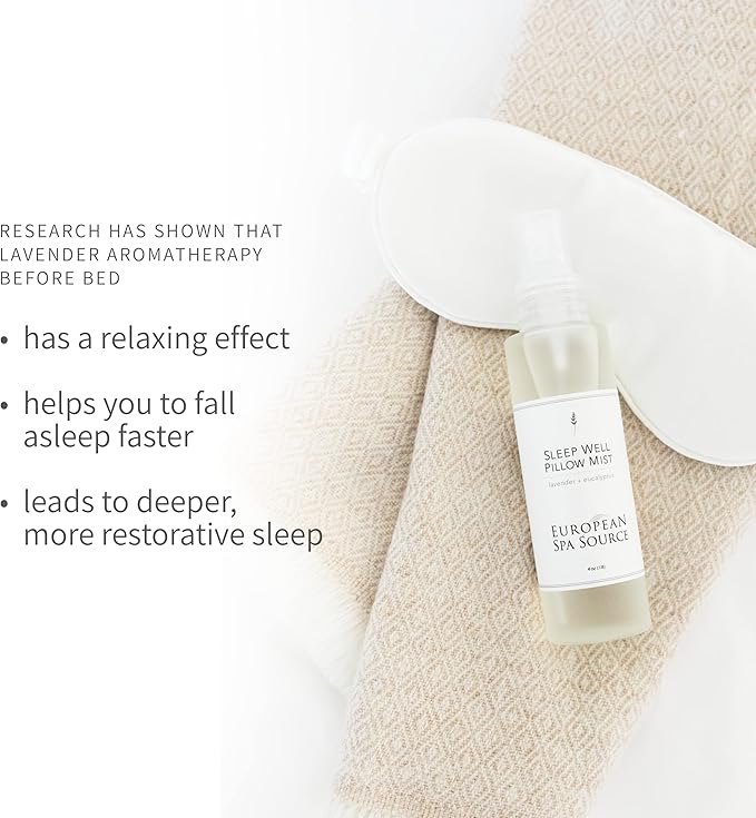 European Spa Source Sleep Well Eucalyptus + Lavender Pillow Mist Spray for Aromatherapy, at Home Spa Experience, Tension Relief, Sleep Support, and Relaxation, 4 fl oz.