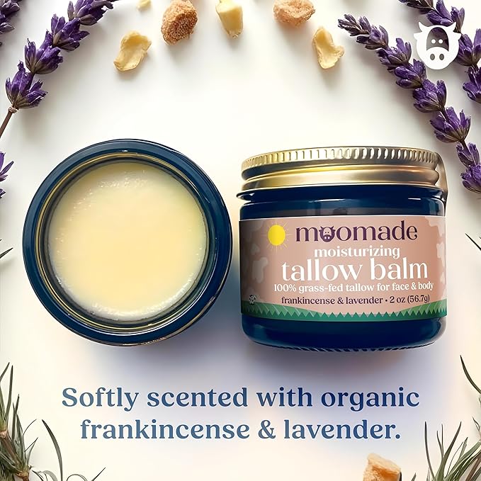 Organic Beef Tallow Balm with Frankincense, Lavender, & Rosehip Oil, 2 oz – Hand Made in USA Tallow Moisturizer for Dry, Sensitive Skin, Rosacea, Eczema | Natural Hydration for Face & Body