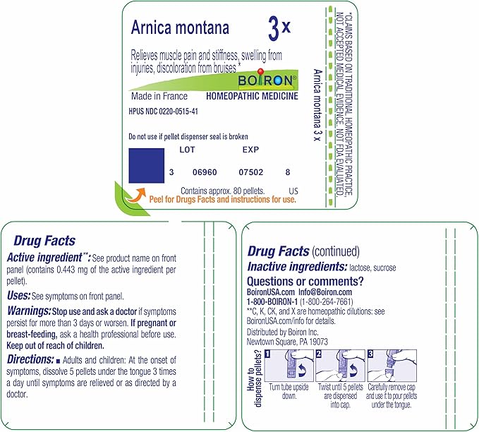 Boiron Arnica Montana 3X for Muscle Pain, Stiffness, Swelling from Injuries, & Bruises - 80 Pellets