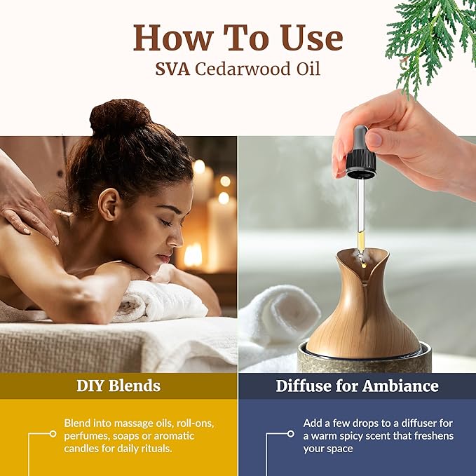 SVA Cedarwood Essential Oil – 4 Fl Oz – 100% Natural Cedar Cupressus Funebris Oil - for Diffuser, Hair Care, Face, Skin Care, Aromatherapy, Scalp and Body Massage, Soap and Candles - with Dropper
