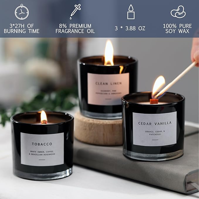 Scented Candles for Men – Masculine Candle Gift Set of 3 with Tobacco, Cedar Vanilla & Clean Linen – Luxury Navy Candles Gift Box, Birthday Gifts for Men, Candles for Boyfriend, Christmas Gifts
