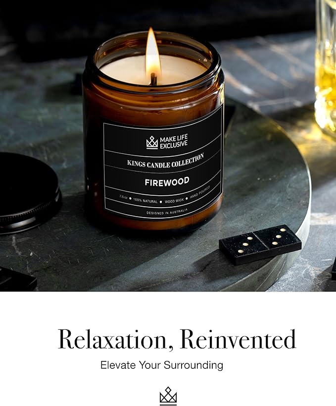Scented Candles for Men | Firewood & Campfire Scented|Wooden Wick, Long Lasting, Masculine Scents | Natural Soy Jar Candle for Home, Bachelor Pad Decor | The Perfect Mens Gift.