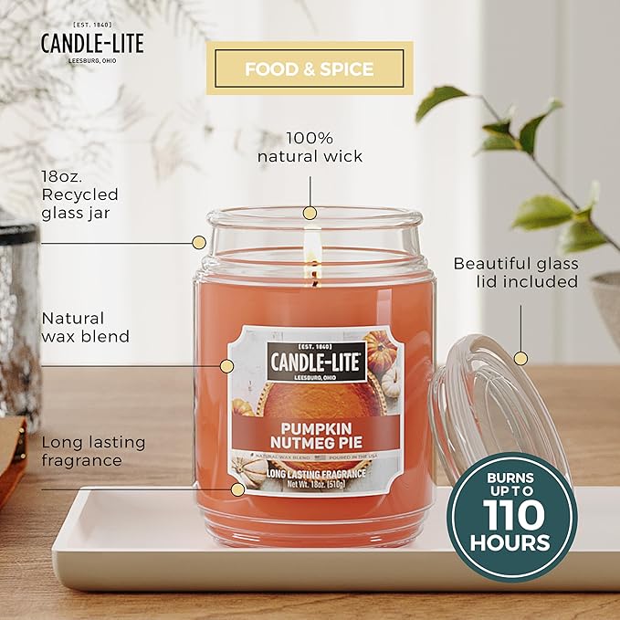 Candle-lite Halloween Scented Candles, Pumpkin Nutmeg Pie, 18 oz Jar, Proudly Poured in The USA, Aromatherapy Candle, Single-Wick with 110 Hours of Burn Time, Perfect for Creating an Inviting Ambiance