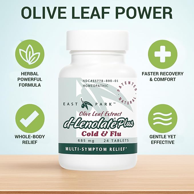 EAST PARK d-Lenolate Plus Cold & Flu Homeopathic Remedy for Adults & Kids | Immune System Booster with Olive Leaf Extract, Neem Leaf Extract & Echinacea | 625mg, 24 Tablets | Non-GMO (Pack of 2)