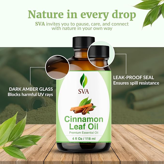 SVA Cinnamon Leaf Essential Oil – 4 Fl Oz – 100% Natural Cinnamon Oil - for Diffuser, Hair Care, Face, Skin Care, Aromatherapy, Scalp and Body Massage, Soap and Candle Making – with Dropper