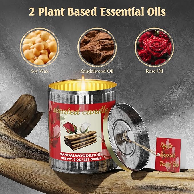Sandalwood & Rose Scented Soy Wax Candle Set- 8% Essential Oil,8oz-2 Packs 80H Burn Time, Smoke-Free Strong Aromatherapy Candle for Meditation, Yoga, Spa, Vintage Gift Set for Men&Women/Christmas