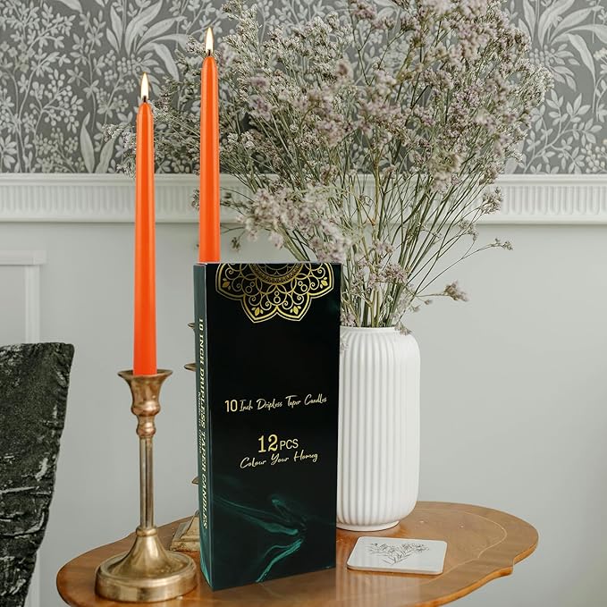 10 Inch Orange Slender Taper Candles Set - 12 Pcs Dripless, Smokeless with Cotton Wick, Ideal for Halloween,Thanksgiving,Dinner, Weddings & Home Decor.