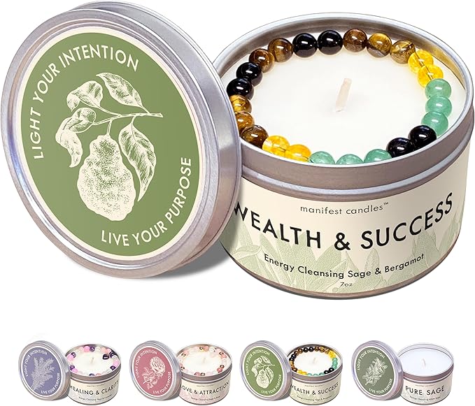 Manifest Sage & Bergamot Money Candle, 45 Hour Burn, Manifestation Bracelet, Protection Candle for Negative Energy, Abundance Candles, Intention Spiritual Candles for Positive Energy