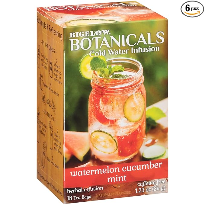 Bigelow Botanicals Cold Water Infusion Watermelon Cucumber Mint, Caffeine Free Herbal Tea with Watermelon, Cucumber and Mint Flavor, 18 Count Box (Pack of 6), 108 Total Tea Bags