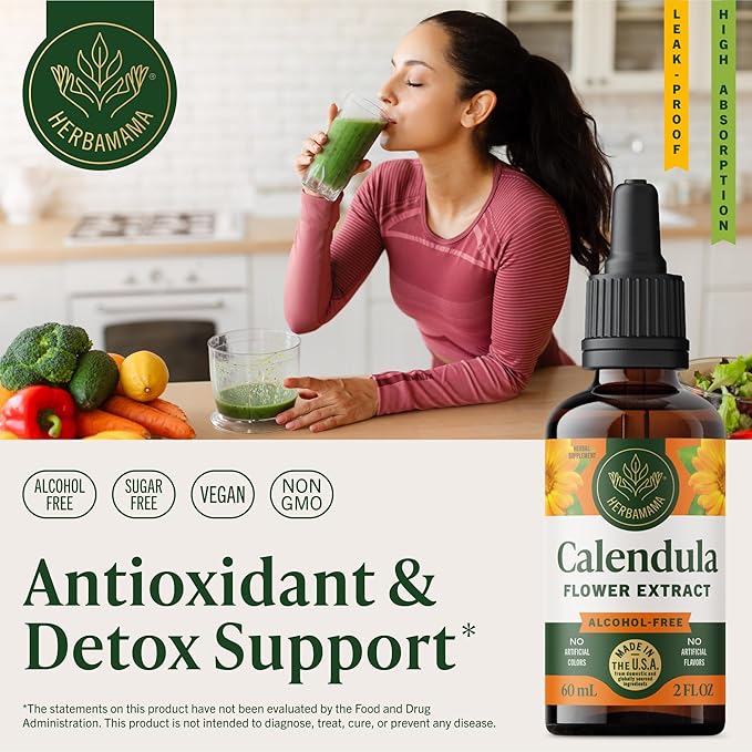 HERBAMAMA Calendula Tincture - Vegan Antioxidant & Detox Support with Calendula Extract Drops - Non-GMO, Alcohol & Sugar-Free Liquid Supplement, 42-Day Supply
