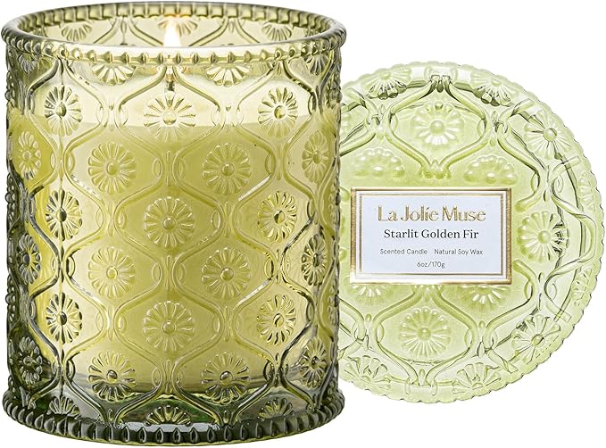 LA JOLIE MUSE Christmas Candle | Starlit Golden Fir | Cedarwood, Patchouli & Fir Balsam | 6 oz Soy Wax | 40 Hours Clean Burn | Christmas Gift for Women & Family