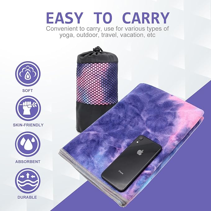 Eunzel Yoga Towel,Hot Yoga Mat Towel with Grip Dots Sweat Absorbent Non-Slip for Hot Yoga, Pilates and Workout 24" x72", Purple & Blue