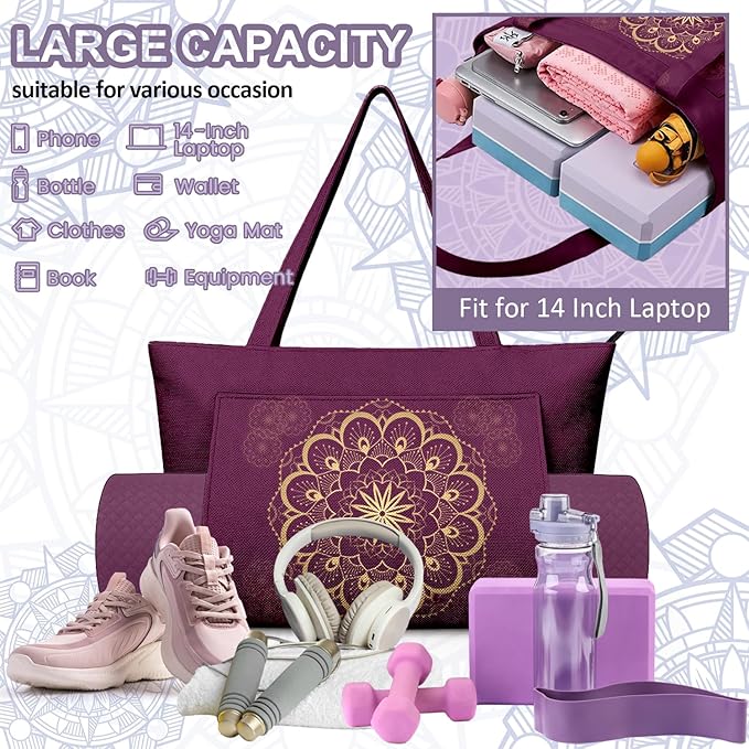 Adalore Women's Yoga Bag with Yoga Mat Carrier - Large Mat Pocket Fitness Tote for Pilates, Gym, Travel, Office & Beach
