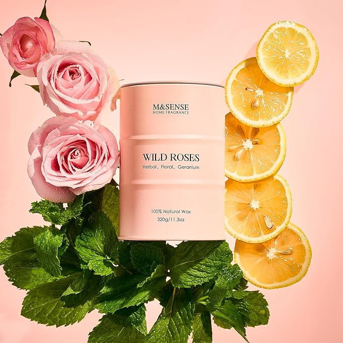 M&SENSE Wild Rose Natural Scented Candle, 70 Hours Long Lasting Soy Candles 11.3oz, Stress Relief Aromatherapy Candles for Women, Romantic Candle Gifts Valentines Day Gifts for Her