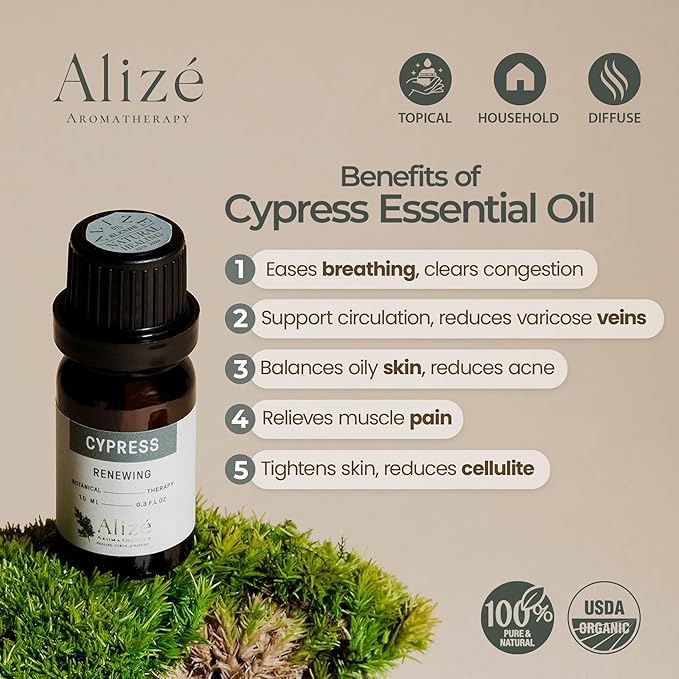 Organic Cypress Essential Oil USDA Certified, Therapeutic Grade, 100% Natural & Pure, Cypress Oil for Skin, Hair Removal, for Diffusers for Home 10ml-0.33 fl oz