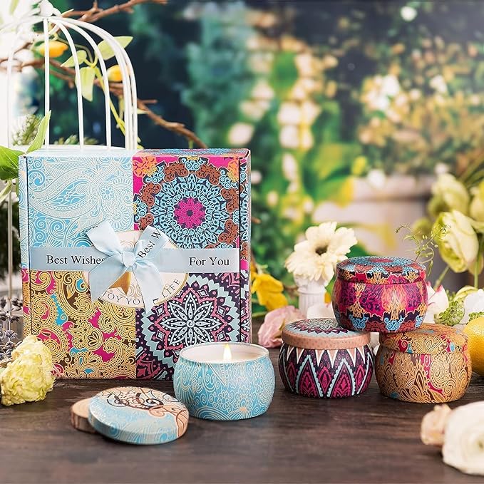 Scented Candles Gift Set,8% Essential Oil,4 Pack Aromatherapy Candle,Stress Relief Gifts for Women,120H Burning, Candles for Home Scented, Ideal for Birthday,Thanksgiving, Mother's Day,Valentine's Day