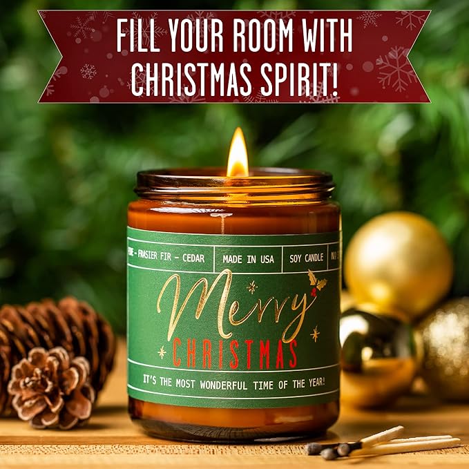 Christmas Candles - 'Merry Christmas' Christmas Scented Holiday Candles, w/Pine, Frasier Fir, Cedar I Christmas Tree Candle I Stocking Stuffers for Women I 9oz, 50Hr, USA Made