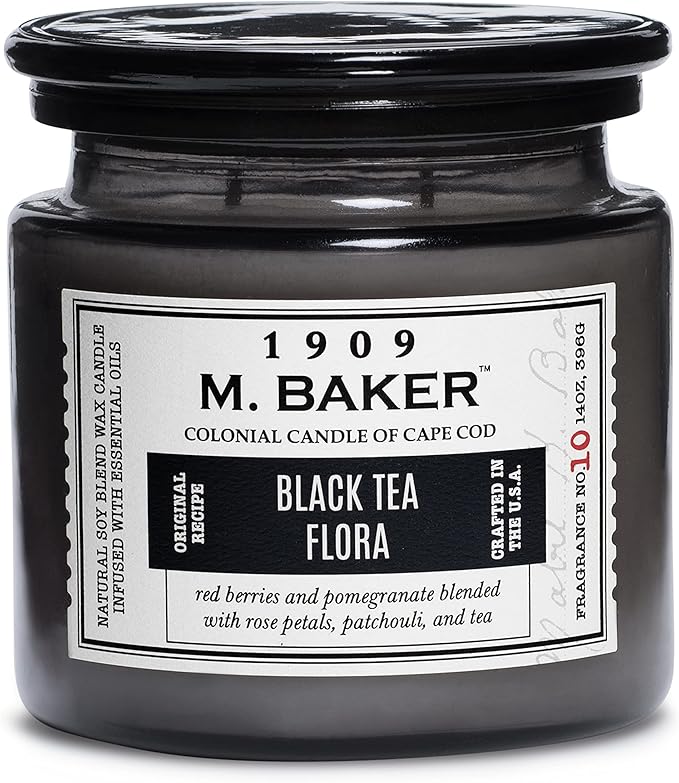 Colonial Candle Black Tea Flora Scented Jar Candle | 2-Wick Natural Soy Blend Wax Candle for Home | Relaxing Aromatherapy Candle Infused with Essential Oils | M. Baker Apothecary Glass Jar Candle