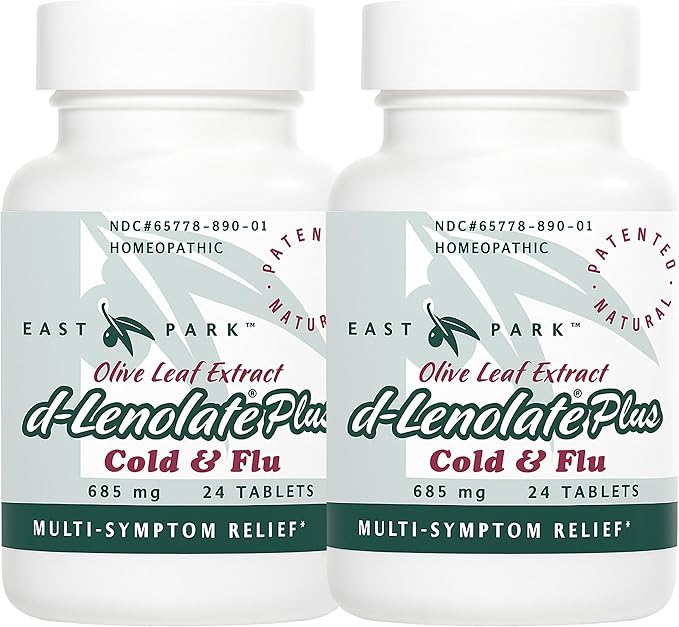EAST PARK d-Lenolate Plus Cold & Flu Homeopathic Remedy for Adults & Kids | Immune System Booster with Olive Leaf Extract, Neem Leaf Extract & Echinacea | 625mg, 24 Tablets | Non-GMO (Pack of 2)