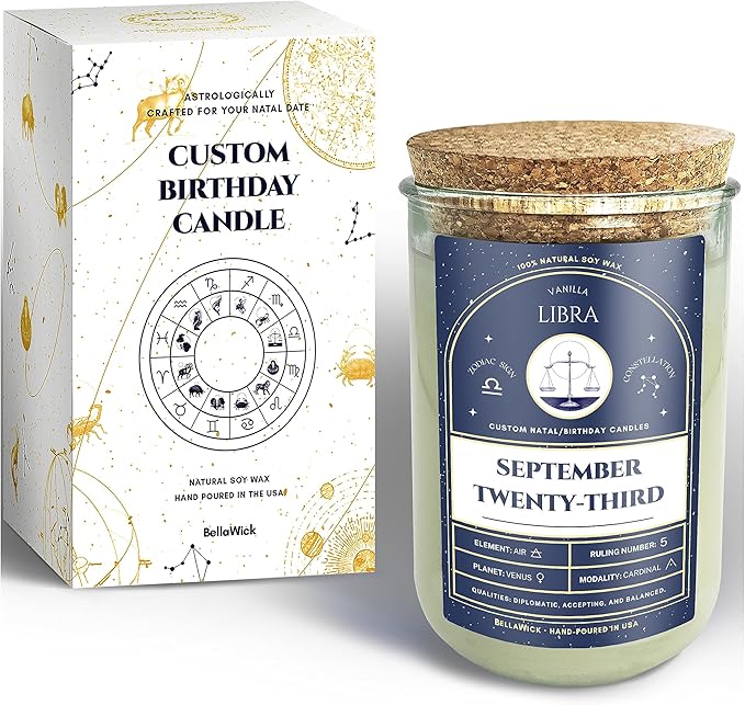 Birthday Candles - Custom Birthdate Astrological Zodiac Scented Candles. Astrology Gifts. All Natural Soy Wax. 75+ Hour Burn Time. Made in USA - September 23