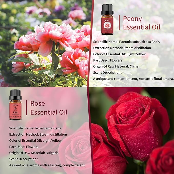 yethious Rose Essential Oil Organic Flower Natrual Peony Essential Oil for Diffuser, Skin Care, Soap/Candles Making - 2 X 10ML Essential Oil Set Gift