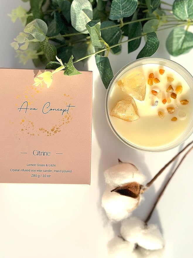 Healing Crystal Candle, Scented Candle Infused Citrin, Clear Quartz Crystals, Lemon Grass&Litchi Scented, Positivity, Energy, Cleansing Wellness, Gift for Women, Aromatherapy Clean Vegan 10Oz Jar