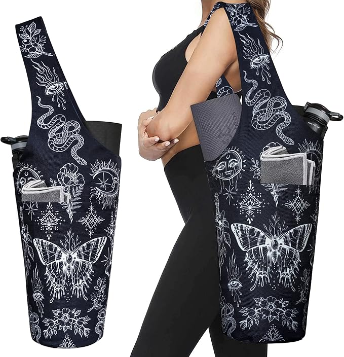 Fashion Printed Yoga Mat Bag with Large Side Pocket & Zipper Pocket Long Tote Yoga Bag Fit Most Size Mats - Holds More Yoga Accessories