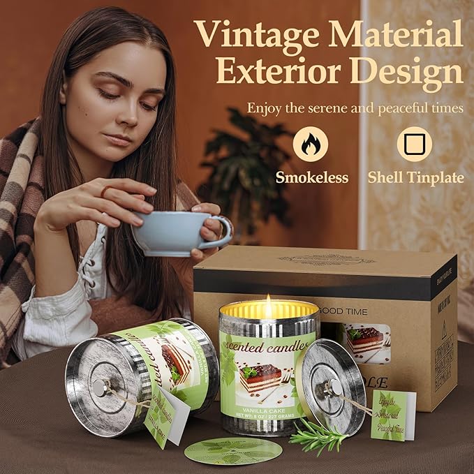 Vanilla Cake Soy Wax Scented Candles Set | 8% Essential Oil 2-Pack 454g 60H Burn Time | Smokeless Aromatherapy Jar Tin Candles for Relaxation, Sleep | Perfect Home Gift for Men/Women/Fathar's Day