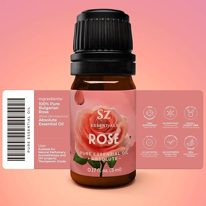 Rose Absolute Essential Oil, 100% Pure and Undiluted - Extracted from Bulgarian Rose (Rosa Damascena) - Rich & Sweet Scent, with Floral Overtones - Therapeutic Grade & Vegan - 0.17oz