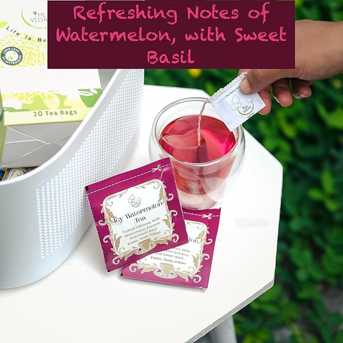 THE VEDAS Icy Watermelon Tea | Herbal Tea with Hibiscus & Sweet Basil - Caffeine Free Herbal Tea - Enjoy Hot or Iced | Biodegradable Cotton Teabags | 20 Tea Bags (Pack of 1)