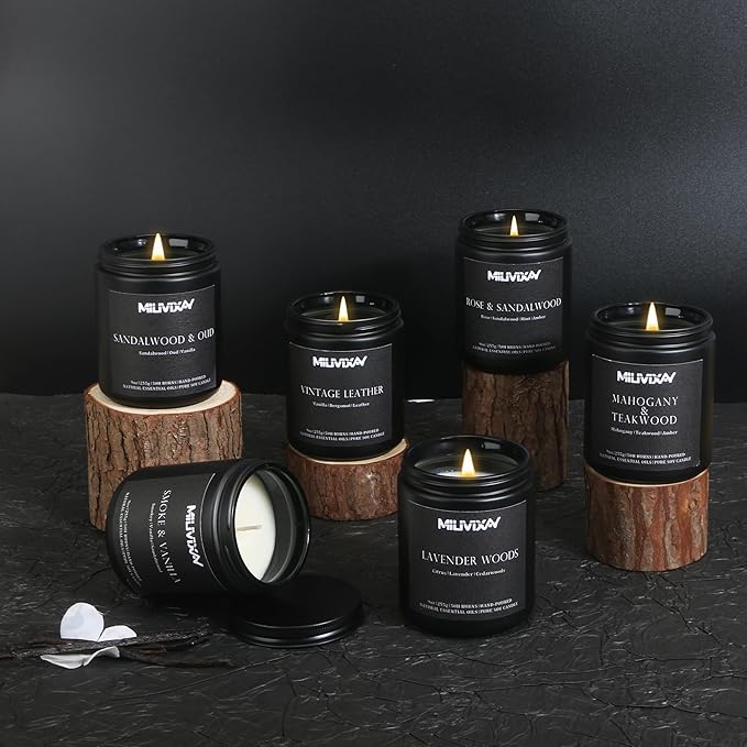 MILIVIXAY Scented Candles for Men-6 Pack Soy Wax Candles for Home Scented, 300 Hour Burn Time, Lavender Woods/Vintage Leather/Smoke & Vanilla/Sandalwood & Oud/Mahogany & Teakwood/Rose & Sandalwood.