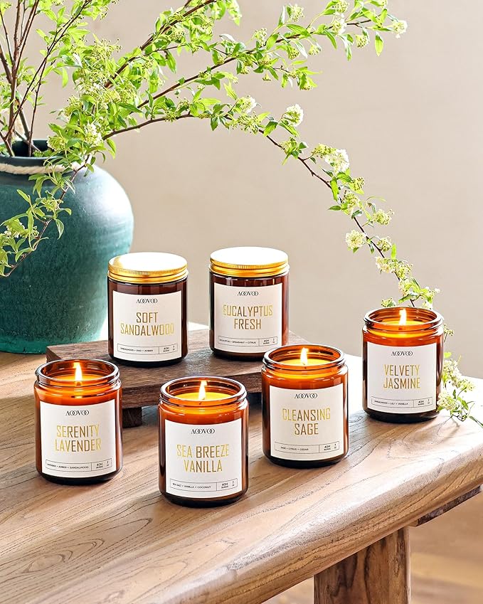 AOOVOO Candles Set - 6PC Scented Candles, Soy Candle, Aromatherapy Candle, Soy Wax Candle, Candle for Home Scented, Lavender/Vanilla/Eucalyptus/Sage/Jasmine/Sandalwood