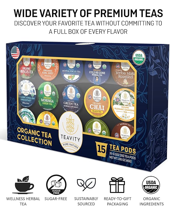 Organic Tea Pods Variety Pack - Assorted Sampler Pack Compatible for Keurig Brewer and Coffee Maker - Earl Grey, English Breakfast, Chai, Chamomile - Herbal Tea Pod for K Cup Keurig Brewing -15 count (Pack of 1) by Teavity
