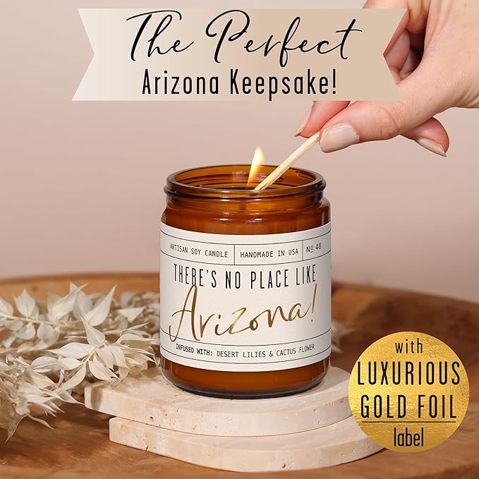 Arizona Gifts, Arizona Decor for Home - 'There's No Place Like Arizona Candle, w/Desert Lilies & Cactus Flower I Arizona Souvenirs I Arizona State Gifts I 9oz Jar, 50Hr Burn, USA Made