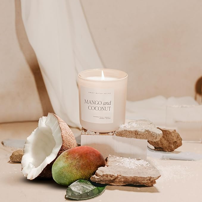 Sweet Water Decor Mango and Coconut Soy Candles - Coconut, Peach, Mango, Sugar, and Pineapple Scented Candles & Home Decor – Summer Scent - 15oz Tan Matte Jar, 70 Hour Burn Time, Made in The USA