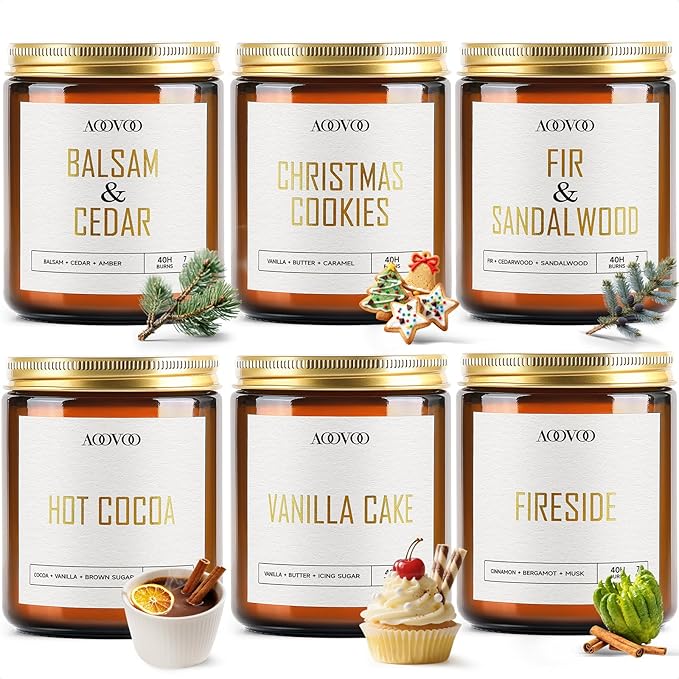 AOOVOO Candles Set - 6PC Scented Candles, Soy Candle, Aromatherapy Candle, Soy Wax Candle, Candle for Home Scented, Balsam/Fir/Firseide/Cocoa/Vanilla Cake/Cookies