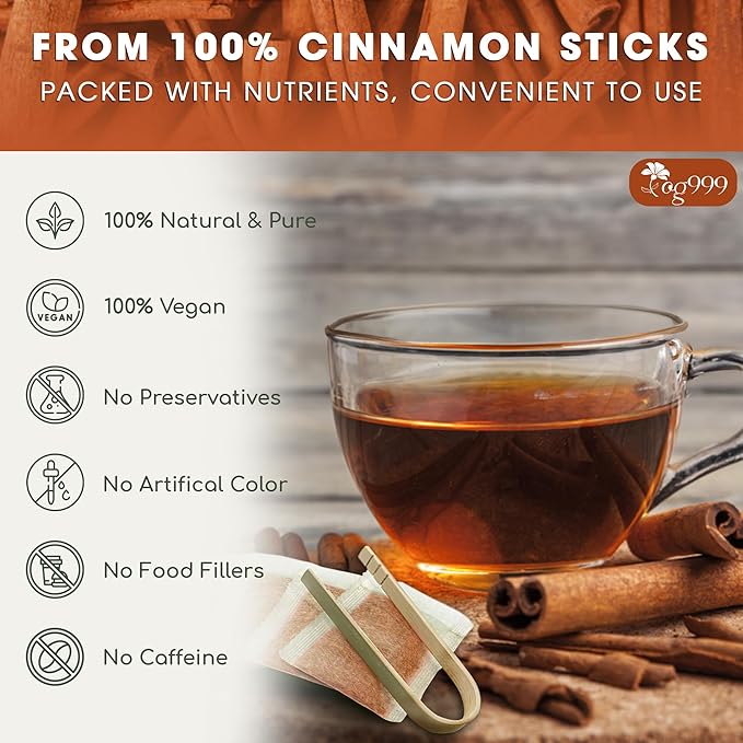 TOG999, Premium 60 Tea Bags - Special Cinnamon Tea, 100% Natural & Pure, Herbal Tea. Cinnamon Stick Herbal Spice Tea. No Sugar, No Caffeine, No Gluten, Vegan.