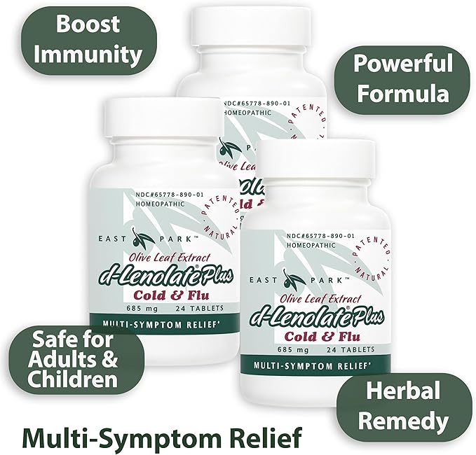 EAST PARK d-Lenolate Plus Cold & Flu Homeopathic Remedy for Adults & Kids | Immune System Booster with Olive Leaf Extract, Neem Leaf Extract & Echinacea | 625mg, 24 Tablets | Non-GMO (Pack of 3)