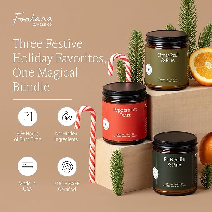 Fontana Candle Co Wood Wick Beeswax Jar Candles, 3-Jar Holiday Scent Bundle - Made with Coconut Oil & Pure Essential Oils – Clean Burn, Long Lasting and Non-Toxic Candles for Home & Room Decor