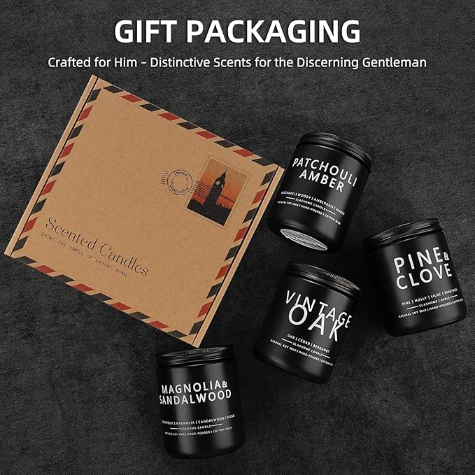 Candles for Men, 4 Pack Scented Candles, Gifts for Father Dad Day, 50 Hours Long Burning Soy Candles for Home Scented (Pine/Sandalwood/Patchouli/Oak)