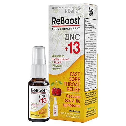 MediNatura ReBoost Zinc +13 Maximum Relief for Sore Throat Fast-Acting Natural Homeopathic Ingredients Help Calm Cold & Flu Symptoms - Cherry Spray - 0.68 oz